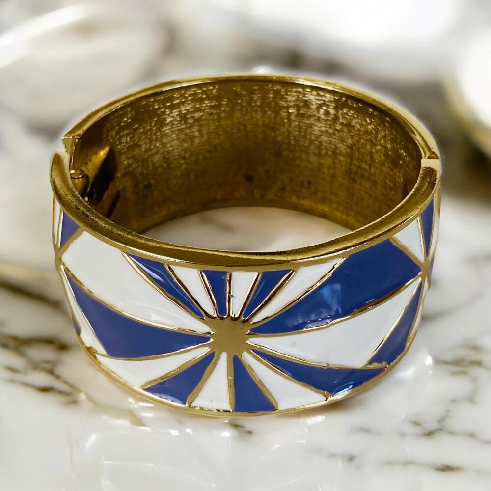 Geometric Blue Purple & White Mod Style Gold Bracelet Cuff Hinged Fashion Bangle